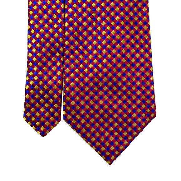 Ben Silver Mens Red & Yellow Silk Handmade Checkered Tie - Picture 4 of 8